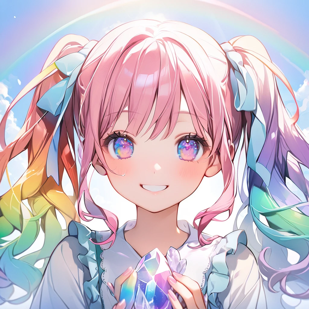 1girl((rainbow gradient hair))(rainbow eyes)middle hair(twin tails)wavy hair rainbow gloss frilly smile(pastel colors)((rainbow))crystal light,medium breasts,clear line, image resolution 1024px,