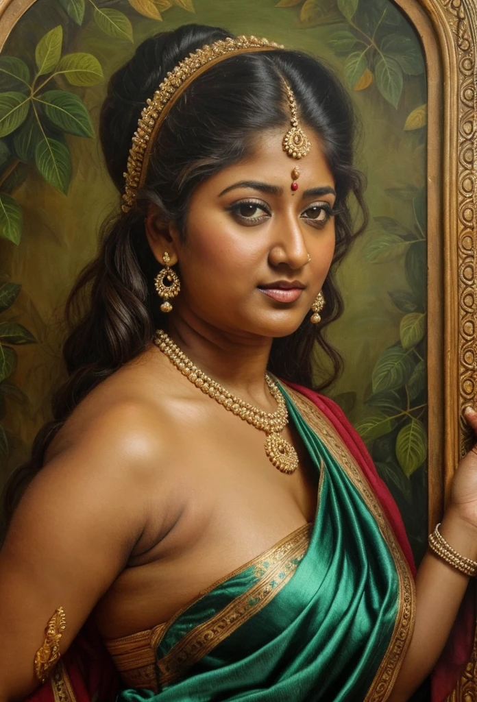 Looks like Nayanthara, exotic Indian art, inspired by oviyar maruthi style painting, inspired by mohanan manimala, Full figured beautiful woman, Apsara, Masterpiece, Beautiful Thick Woman, Best quality, high clarity eyes, critically flawless,sharp picture, Full portrait, High pixels, perfect face, perfect eyes, beautiful face, perfect hands,perfect fingers, in Peter Paul Rubens style, by Peter Paul Rubens, baroque style, acrylic on canvas, highly detailed, description: "Create a nymph inspired by the tales of Greek or Roman mythology, embodying the essence of a natural element or location, and possessing a unique ability or trait that sets her apart."