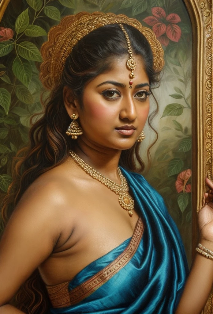 Looks like Nayanthara, exotic Indian art, inspired by oviyar maruthi style painting, inspired by mohanan manimala, Full figured beautiful woman, Apsara, Masterpiece, Beautiful Thick Woman, Best quality, high clarity eyes, critically flawless,sharp picture, Full portrait, High pixels, perfect face, perfect eyes, beautiful face, perfect hands,perfect fingers, in Peter Paul Rubens style, by Peter Paul Rubens, baroque style, acrylic on canvas, highly detailed, description: "Create a nymph inspired by the tales of Greek or Roman mythology, embodying the essence of a natural element or location, and possessing a unique ability or trait that sets her apart."