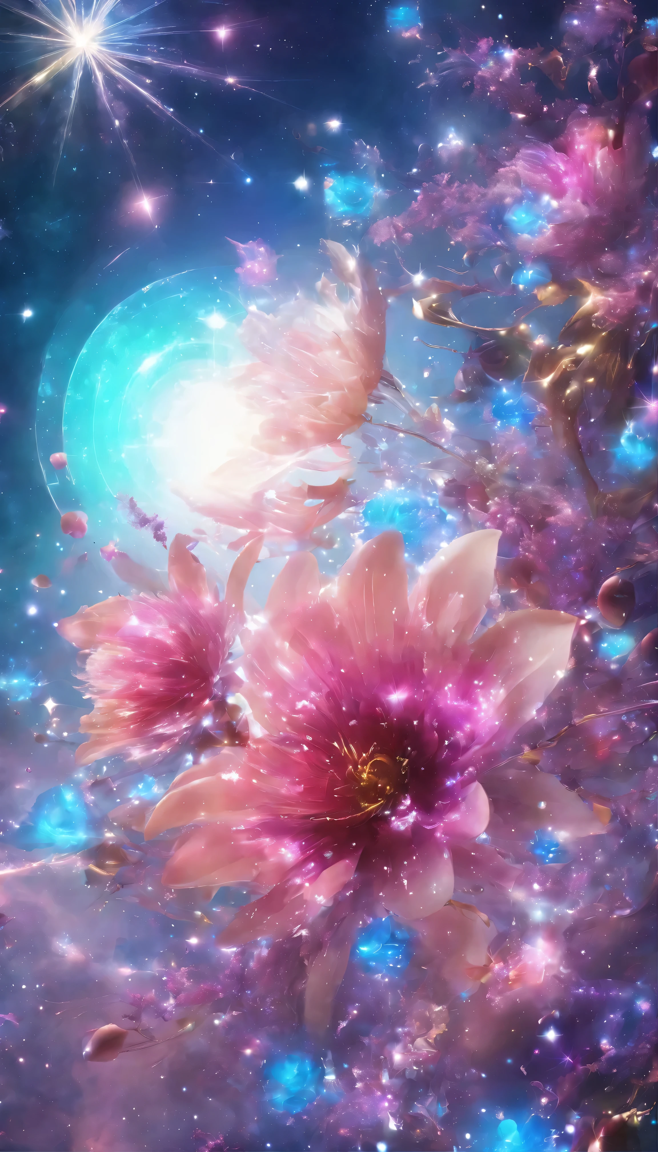 clear sky, sky full of stars, Aurora,Moonlight,Everything expressed with jewels., The arrival of spring,
, beautiful batterflys,angles looking up from below, various jewels falling from the sky, wonderful and beautiful magnificent view, slightly confused, Fantastic, high resolution, 8k, (Best Quality, high resolution, realist:1.37), Shiny metallic flowers, Intricate and delicate petals., reflective surfaces, vibrant colors, intricate details, Close-up view, surreal garden, surreal beauty, dream atmosphere, Fine art, abstract botanicals, Metal sculpture, contrasting textures, ethereal glow