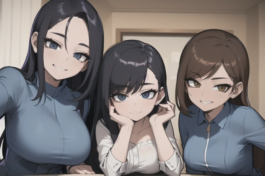 three sexy women who are wives of boy, looking at camera, seductive smiles, portrait, various hair, opened mouths moaning, fully clothed nurse outfits