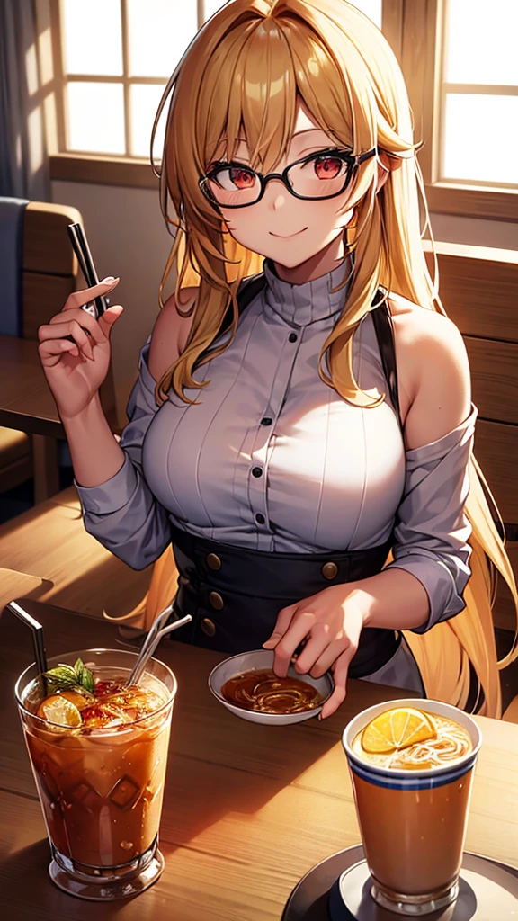 1 female, gold yellow long hair, red eyes, huge breast, black bra, thick legs, red jean, glasses, red cap, in the indian place, indian foods