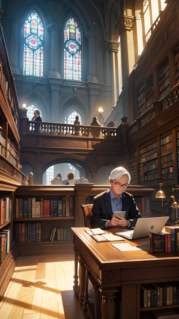 Person in a library checking out books, watching a lecture and doing online research on the laptop. Study and intellectual environment. texto: &#39;Access to Unlimited Knowledge!'