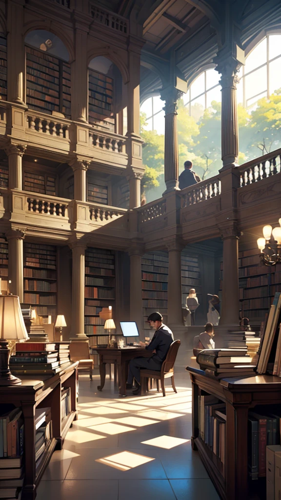 Person in a library checking out books, watching a lecture and doing online research on the laptop. Study and intellectual environment. texto: 'Access to Unlimited Knowledge!'