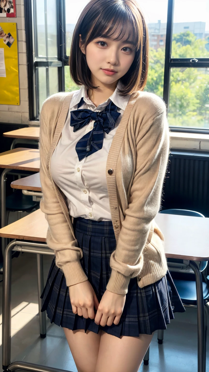 masterpiece, best quality, illustration, Super detailed, fine details, High resolution, 8K,wall paper, perfect dynamic composition,(Details High quality, realistic depiction of eyes:1.3), High School Classroom、High school girl uniform、Cardigan、Super Short Check Uniform Skirt、Navy blue high socks、garterbelts、Colossal tits、Disturbed uniform、short bob hair, black hair color, Big Natural Color Lip, bold sexy pose, (perfect body shape), crying a little、Harajuku style、20 year old girl、cute type, beautiful legs, hposing Gravure Idol, Voluptuous thighs