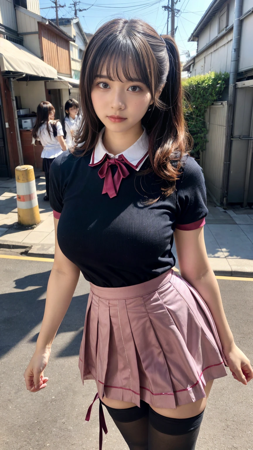 masterpiece, best quality, illustration, Super detailed, fine details, High resolution, 8K,wall paper, perfect dynamic composition,(Details High quality, realistic depiction of eyes:1.3), standing, short hair, (wavy hair:1.2), (short sleeve collared dress shirt,tight skirt,thighhighs,zettai ryouiki:1.4), black hair color, Big Natural Color Lip, bold sexy pose, crying a little、cold gaze, Harajuku style、acrobatic pose, 20 year old girl、cute type、lolita、beautiful legs, gravure idol, Japanese idol, huge breasts