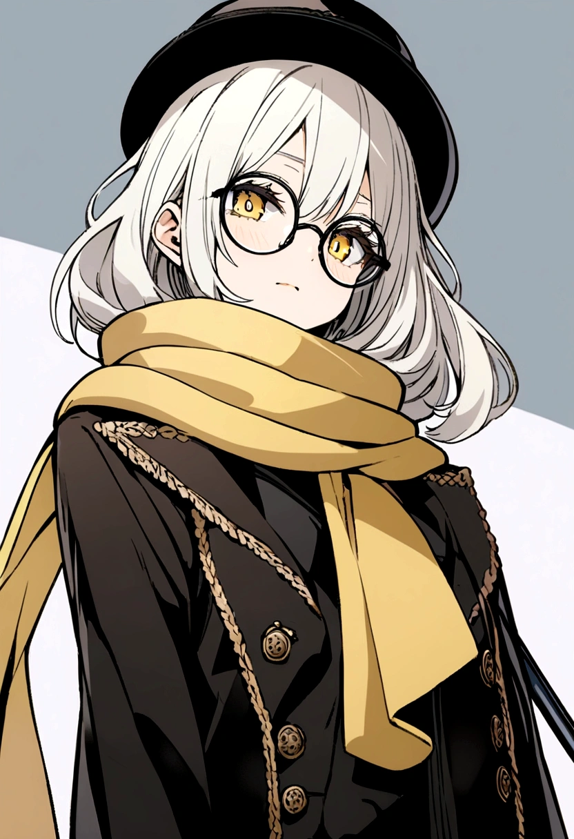 Cold expression anime girl with white hair wearing a black overcoat,yellow scarf tied in a reverse drape,bowler hat and wearing a round glasses while holding a cane