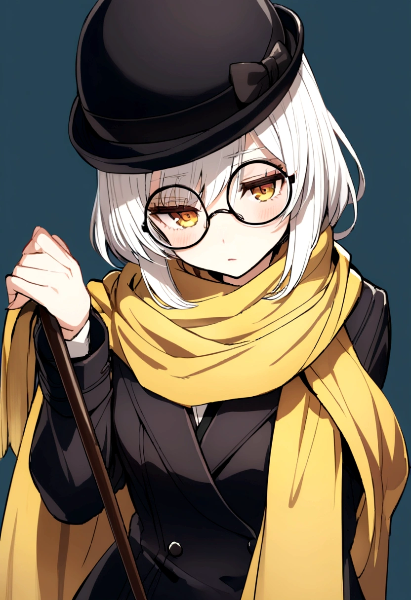 Cold expression anime girl with white hair wearing a black overcoat,yellow scarf tied in a reverse drape,bowler hat and wearing a round glasses while holding a cane