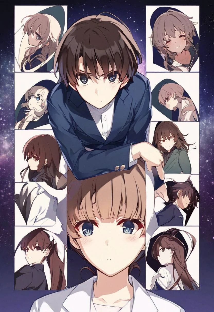 Cartoon style illustration of a young male character。

Young male character、Brown hair with bangs、It has large, expressive eyes。wearing a blue suit jacket over a white shirt。Grey pants and black shoes。Standing pose with head turned slightly to the side。A serious expression that hides determination。Often seen in promotional images for anime movies、Clean Style。Characters on a starry sky background with blue nebula effect。
face： faceは少し赤く、Embarrassed。
range：Upper body use purpose icon background：White is surrounded by three cute girls on both sides