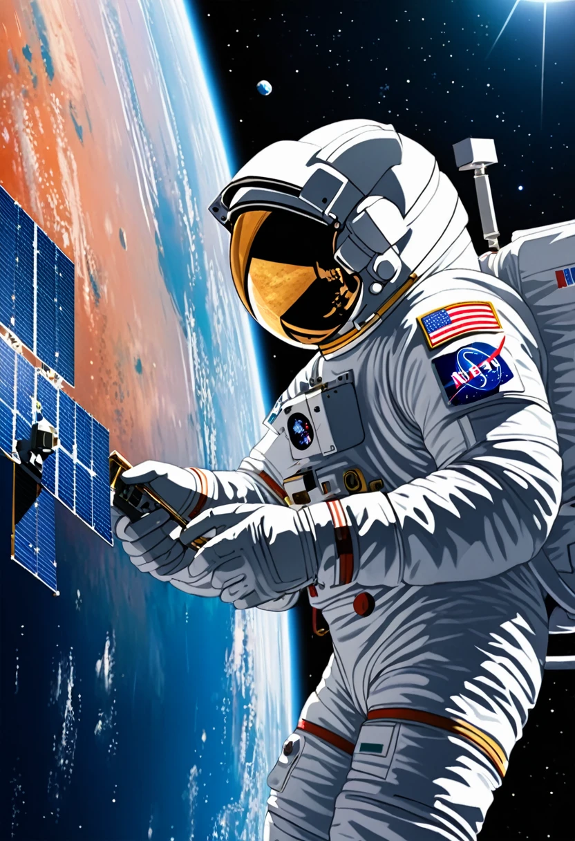 an astronaut repairing a satellite, the background is in outer space with the earth visible in the lower right corner, (solo), 1man, from side, masterpiece, the best quality, super detailed, vivid colors