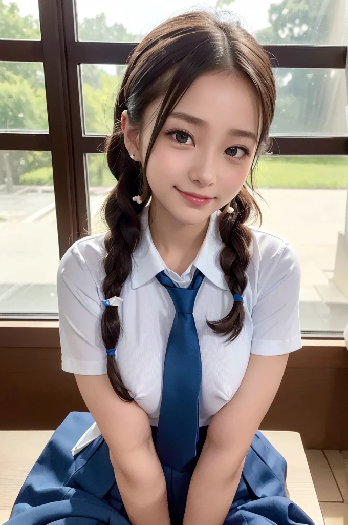 ((highest quality, 8K, masterpece :1.4,アニメ)), highest real,Sharpness:1.3, Perfect Body Beauty:1.4,super detailed face and skin texture,((Super Real,best quality)),(soft lighting),super detailed face, fine eyes, double eyelid,(ass pov),(((1 girl))),((make eye contact with the audience)),((Composition from the above:1.2)),fine detail,highly detailed face and eyes, (cute face:1.6), ((NSFW:1.5)), my sister,18years old,(huge breasts :1.8,beautiful areola,small areola),(Glowing skin),---//background//---(Inside the In school, in the classroom, bright room, large windows, sunlight shines in)---//Hairstyle//---(Beautiful BROWN hair:1.2,pony tails, Braided hair)---//expression//---(SMILE FACE:1.4)---//Pause//---(sitting,leaning forward,hands on breasts),((close up face:1.4,upper body:1.4))---//clothing//---((school uniform:1.4,sailor suit:1.4,BLUE RIBBON TIE:1.4,BLUE SKIRT:1.2,WHITE SHIRTS:1.2)),