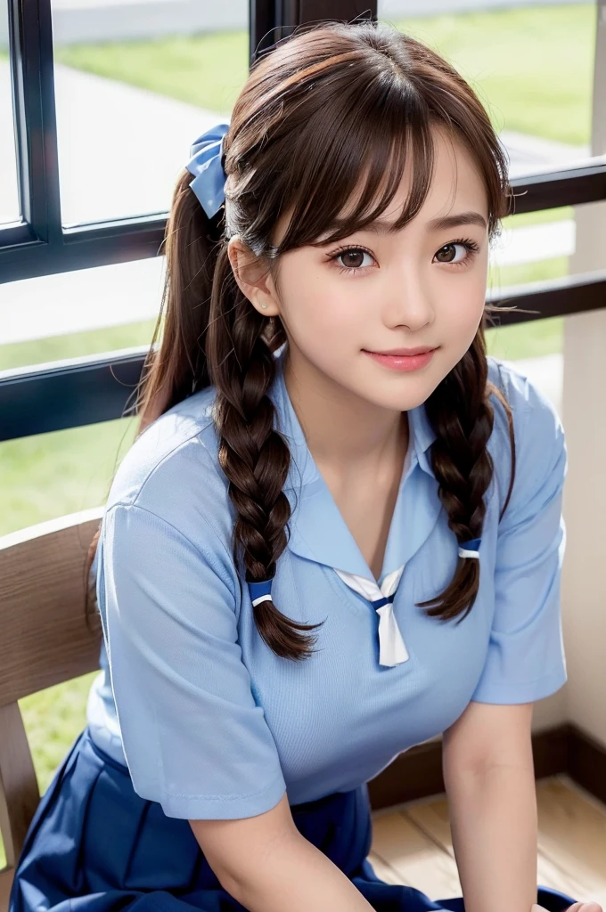 ((highest quality, 8K, masterpece :1.4,アニメ)), highest real,Sharpness:1.3, Perfect Body Beauty:1.4,super detailed face and skin texture,((Super Real,best quality)),(soft lighting),super detailed face, fine eyes, double eyelid,(ass pov),(((1 girl))),((make eye contact with the audience)),((Composition from the above:1.2)),fine detail,highly detailed face and eyes, (cute face:1.6), ((NSFW:1.5)), my sister,18years old,(huge breasts :1.8,beautiful areola,small areola),(Glowing skin),---//background//---(Inside the In school, in the classroom, bright room, large windows, sunlight shines in)---//Hairstyle//---(Beautiful BROWN hair:1.2,pony tails, Braided hair)---//expression//---(SMILE FACE:1.4)---//Pause//---(sitting,leaning forward,hands on breasts),((close up face:1.4,upper body:1.4))---//clothing//---((school uniform:1.4,sailor suit:1.4,BLUE RIBBON TIE:1.4,BLUE SKIRT:1.2,WHITE SHIRTS:1.2)),