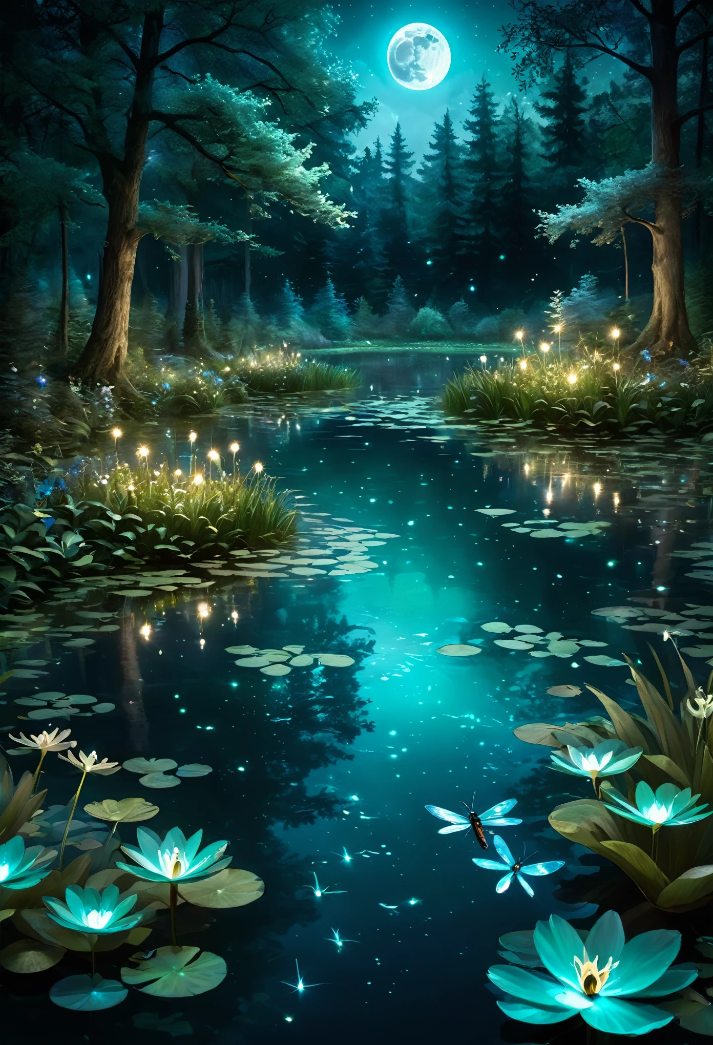 Pond at night:1.5, ((full shot:1.4)), ((beautiful pond at night in absolute darkness:1.5)), ((fireflies flying around illuminating the pond, glowing in the light of the moon, catching a firefly:1.5)), ((ultra detailed:1.5)), the lights of fireflies are reflected in the water:1.2, idyllic, dreamy, Fantasy:1.3)), dark environment soft moonlight reflecting in water, 8K ultra-realistic, portrait, highly detailed 32k digital art, beautiful digital art work, ((bluish, cyan, brown colors: 1.2)), 8k realistic digital art, soft lighting, (( highly detailed: 1.4) , ((masterpiece)), (Hyper detailed and beautiful: 1.3), (Photorealistic: 1.4)