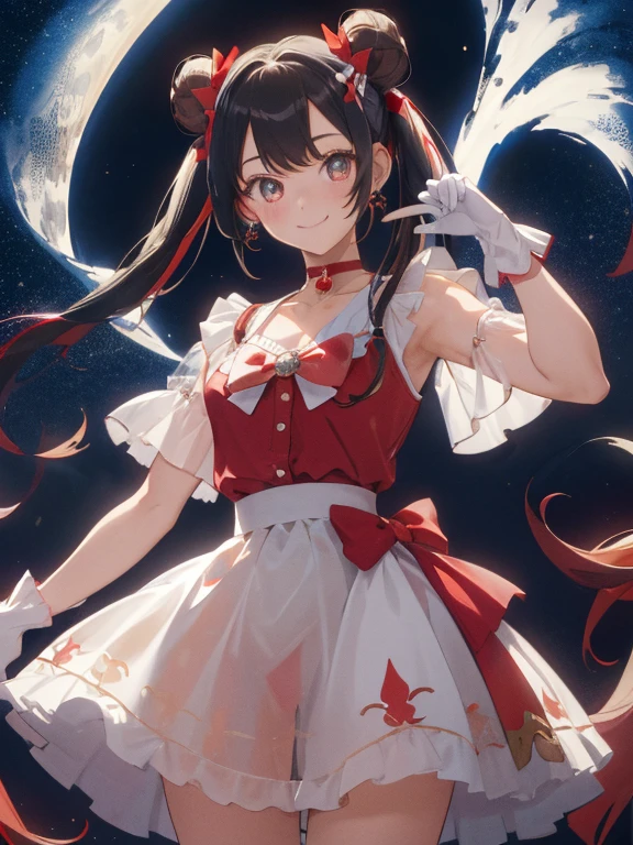 masterpiece, best quality, highres, 1girl, aausagi, double bun, twintails, parted bangs, hair ornament, circlet, jewelry, earrings, choker, see-through, red bow, white gloves, elbow gloves, multicolored skirt, standing, night, smile, cowboy shot