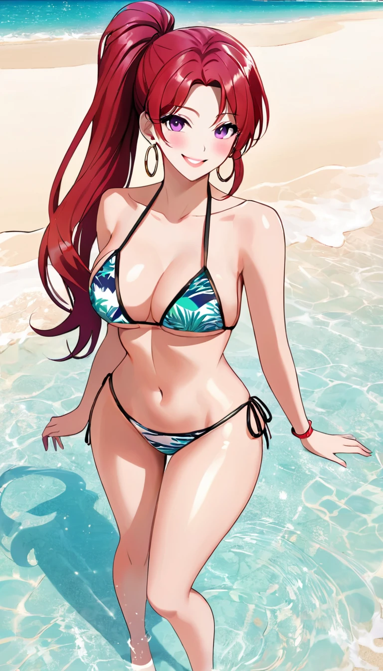 (best quality:1.4), (ultra highres:1.2), (8k, RAW photo, manhwa-artstyle, 1girl, solo, long hair, looking at viewer, smile, red hair, bare shoulders, purple eyes,  bikini ,Perfect Hands, ponytail, hoop earrings ,full body view,