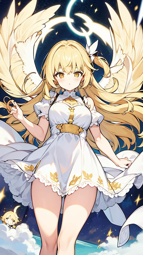 Showing the whole body Cute Baby face Big breasts Flying in the sky White simple dress Long hair Angel Blonde Yellow eyes