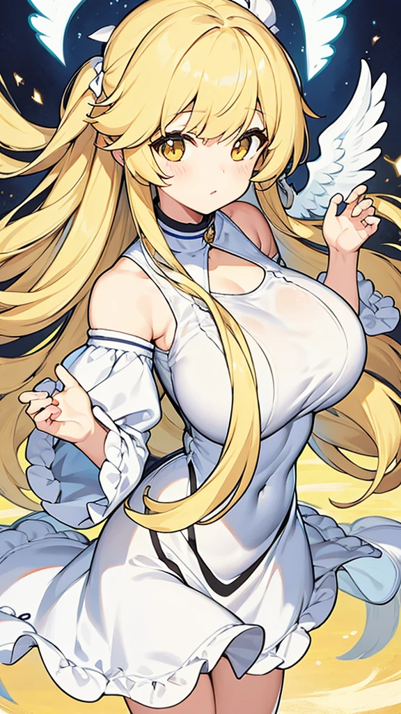 Showing the whole body Cute Baby face Big breasts Flying in the sky White simple dress Long hair Angel Blonde Yellow eyes