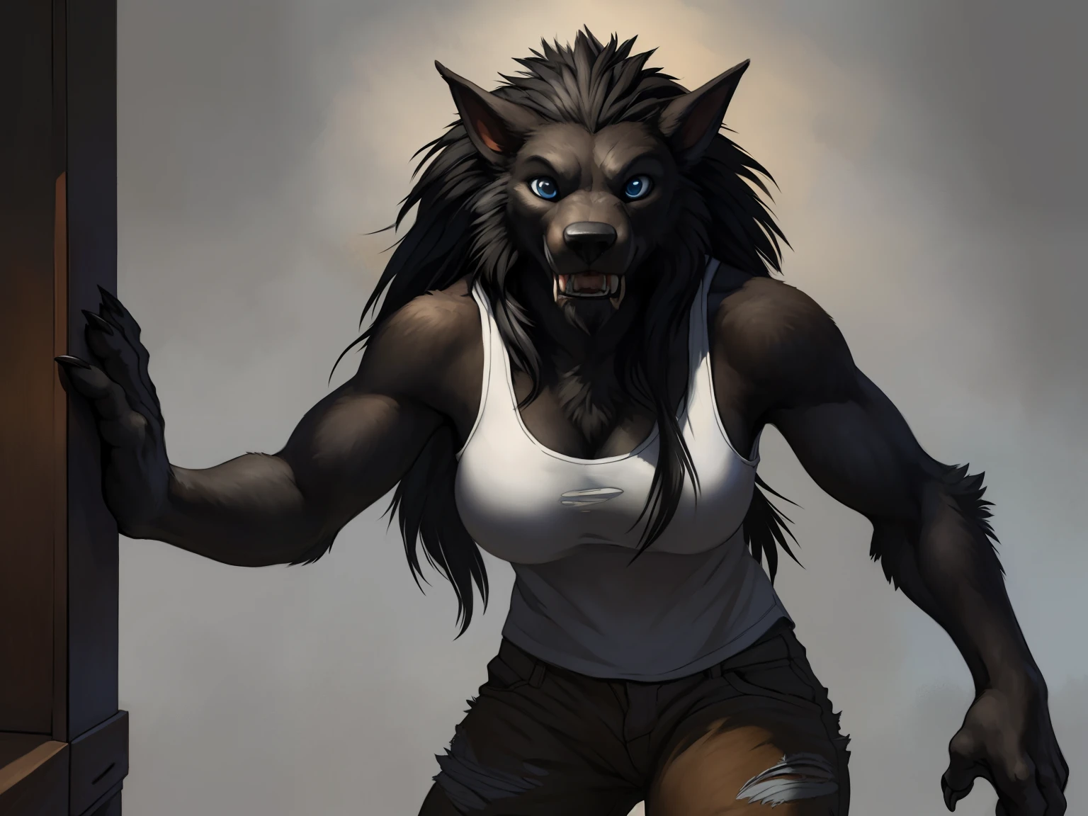 solo, ultra detailed), a beautiful and detailed full size portrait of a female anthro, canid, worgen, ((black body, dark skin, fur, long hair, black hair)), big body, adult, mature, fur, non-mammal breasts, looking at viewer, blue eyes, wide eyed, detailed background, looking at viewer, detailed eyes, sexy body, goddess, kenket, Ross Tran,ruan jia, trending on artstation, foxovh, ((torn white tank top, torn brown pants)), ((front view)), big butt, ((expressive, frightened, scared, surprised)), simple background, grey background