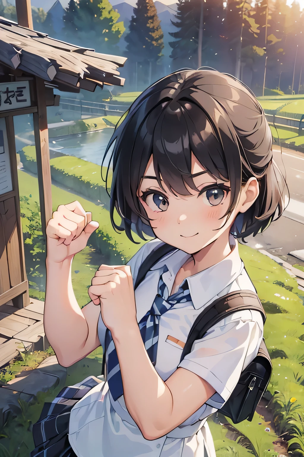 ((Highest quality, 4K, masterpiece: 1.3)), ((High Resolution)),((It's wonderful)),((Japan countryside:1.2)),((Japan countryside:1.2)),((Japan countryside:1.2)),((Japan countryside:1.2)),((Japanese mountain trails and rice terraces:1.2)),((Standing at the bus stop:1.2)),((Standing at the bus stop:1.2)),(Do not split frames),(Do not split),(Do not split),(sunset:1.2),(sunset:1.2),(sunset:1.2),(sunset:1.2),(One woman:1.8),(One woman:1.8),(One woman:1.8),(One woman:1.8),(One woman:1.8),((dutch angle shot:1.2)),((dutch angle shot:1.2)),((medium wide shot:1.2)),((medium wide shot:1.2)),((medium wide shot:1.2)),((upper body shot:1.2)),((upper body shot:1.2)),((upper body shot:1.2)),((upper body shot:1.2)),((shoot from above:1.2)),((shoot from above:1.2)),((school uniform, short sleeve shirt:1.2)),((school uniform, short sleeve shirt:1.2)),((school uniform, short sleeve shirt:1.2)),(tie:1.4),(tie:1.4),(tie:1.4),((Fluttering checkered skirt:1.2)),((Fluttering checkered skirt:1.2)),((Fluttering checkered skirt:1.2)),((Black ankle socks:1.3)),((Black ankle socks:1.3)),((Black ankle socks:1.3)),((Trekking shoes:1.2)),(School Bags),(School Bags),(School Bags),(School Bags),((Stand with your feet shoulder-width apart and your knees slightly bent:1.2)),((Stand with your feet shoulder-width apart and your knees slightly bent:1.2)),((Stand with your feet shoulder-width apart and your knees slightly bent:1.2)),((Stand with your feet shoulder-width apart and your knees slightly bent:1.2)),((Stand with your feet shoulder-width apart and your knees slightly bent:1.2)),((face focus:1.4)),((face focus:1.4)),((face focus:1.4)),((face focus:1.4)),((model posing:1.2)),((model posing:1.2)),((model posing:1.2)),((model posing:1.2)),((model posing:1.2)),((model posing:1.2)),(A cool expression in the wind:1.2),(A cool expression in the wind:1.2),(A cool expression in the wind:1.2),((A big smile:1.2)),((A big smile:1.2)),((fist bump:1.4)),((fist bump:1.4)),((fist bump:1.4)),(shoot from side),((Light brown eyes:1.2)),((Light brown eyes:1.2)),((Beautiful highlighted eyes)),((Light brown eyes:1.2)),((Light brown eyes:1.2)),((Beautiful highlighted eyes)),((Light brown eyes:1.2)),((Beautiful highlighted eyes)),((Light brown eyes:1.2)),((Shiny black hair:1.4)),((Shiny black hair:1.4)),((Shiny black hair:1.4)),((Fluffy short bob:1.2)),((Fluffy short bob:1.2)),((Fluffy short bob:1.2)),((Fluffy short bob:1.2)),((Parted bangs)),((Parted bangs)),(Beautiful breasts),Japanese women, 14 years old gravure photo, High Contrast, Aperture F3.2, Focal length 100mm, (((peace sign))),wakame, wakame, wakame, wakame, wakame, wakame, wakame, wakame, wakame, wakame, wakame, wakame, wakame, wakame, wakame, wakame, wakame, wakame, wakame, wakame, wakame, wakame, wakame, wakame, wakame 
