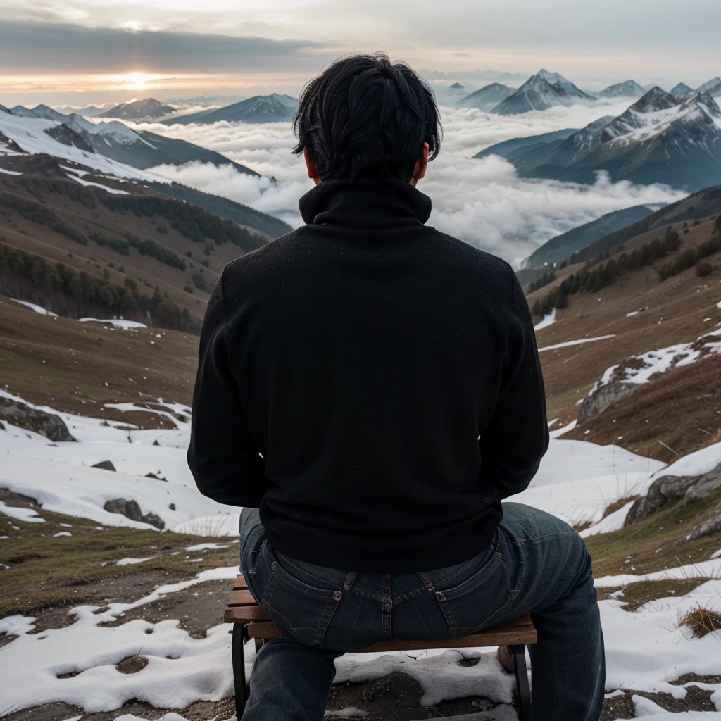 a man with messy black hair facing his back wearing a black turtleneck hearing a hood sitting on a bench on top of the mountain overlooking Switzerland at  foggy morning in winter