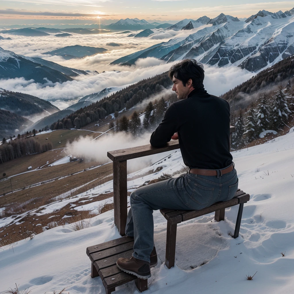 a man with messy black hair facing his back wearing a black turtleneck hearing a hood sitting on a bench on top of the mountain overlooking Switzerland at  foggy morning in winter