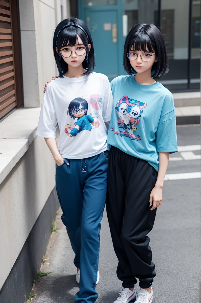 Anime shirt and pants Stich BLUE black hair with bangs glasses blue pierced Stich head accessory 