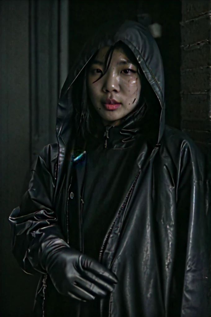 korean girl, (behind corpse, surgical mask), multiple girls, holding knife, stabbing, black raincoat, leather gloves, hood up, room full of blood, black wet suit, holding knife, leather gloves, behind corpse, blood splatter, short hair, night, mass murderer, robbery, in the house, dark atmosphere, cinematic lighting, atmospheric realistic,