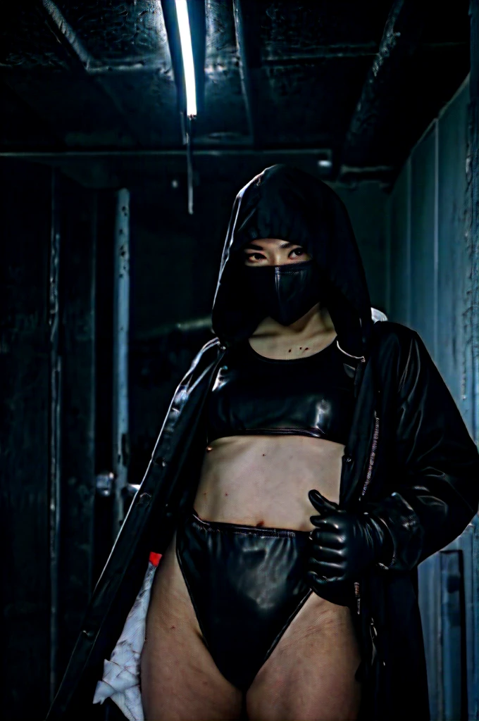 korean girl, (behind corpse, surgical mask), multiple girls, holding knife, stabbing, black raincoat, leather gloves, hood up, room full of blood, black wet suit, holding knife, leather gloves, behind corpse, blood splatter, short hair, night, mass murderer, robbery, in the house, dark atmosphere, cinematic lighting, atmospheric realistic,