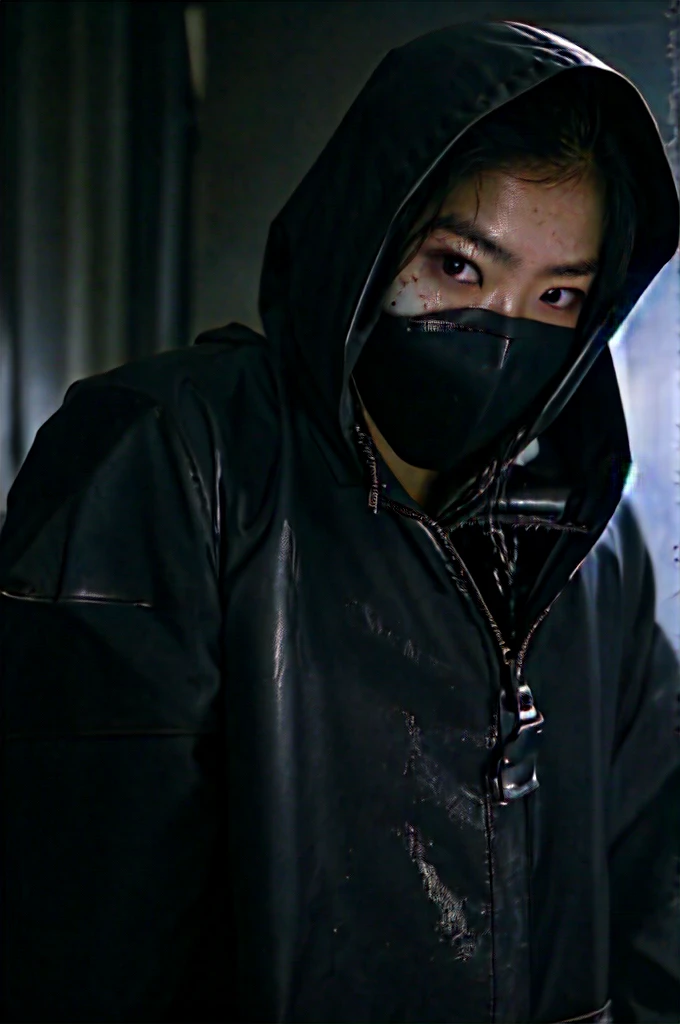 korean girl, (behind corpse, surgical mask), multiple girls, holding knife, stabbing, black raincoat, leather gloves, hood up, room full of blood, black wet suit, holding knife, leather gloves, behind corpse, blood splatter, short hair, night, mass murderer, robbery, in the house, dark atmosphere, cinematic lighting, atmospheric realistic,
