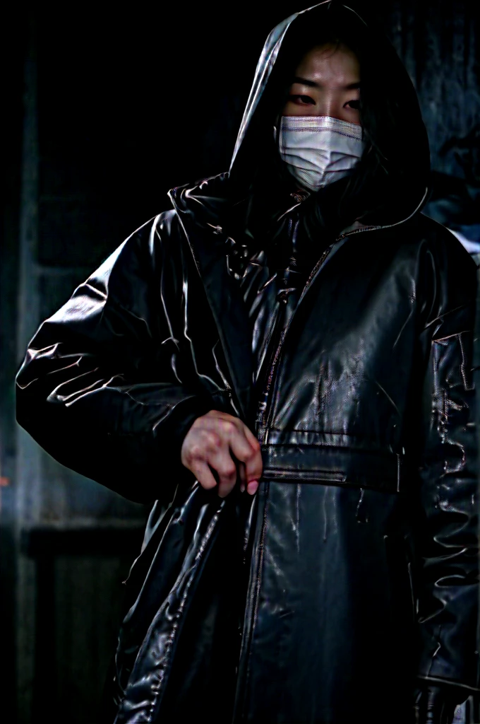 korean girl, (behind corpse, surgical mask), multiple girls, holding knife, stabbing, black raincoat, leather gloves, hood up, room full of blood, black wet suit, holding knife, leather gloves, behind corpse, blood splatter, short hair, night, mass murderer, robbery, in the house, dark atmosphere, cinematic lighting, atmospheric realistic,