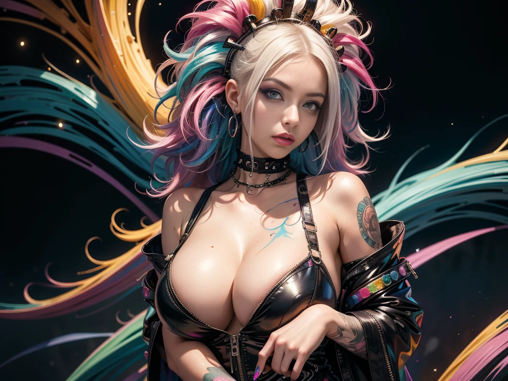 (masterpiece, top quality, best quality, official art, beautiful, cosmic, atmospheric, psychedelic, dreamlike and aesthetic, swirling psychedelic cosmic graffiti patterns:1.2), (1girl), extreme detailed,(fractal art:1.3),colorful,highest detailed, "(Best Quality, 8K, 32K, masutepiece:1.3), Ultra-detailed, (Photorealistic:1.4), pink and white colors, perfect color scheme, albino, Punk rock Girl, Detailed moonlight eyes, full body portrait, Luxurious neon white punk hair, Edgy Harajuku-inspired punk rock fashion, super huge enormously gigantic tits, cleavage showing, Avant-garde makeup, Numerous piercings, Heavily tattooed body, swirling psychedelic cosmic dreamlike graffiti pattern background