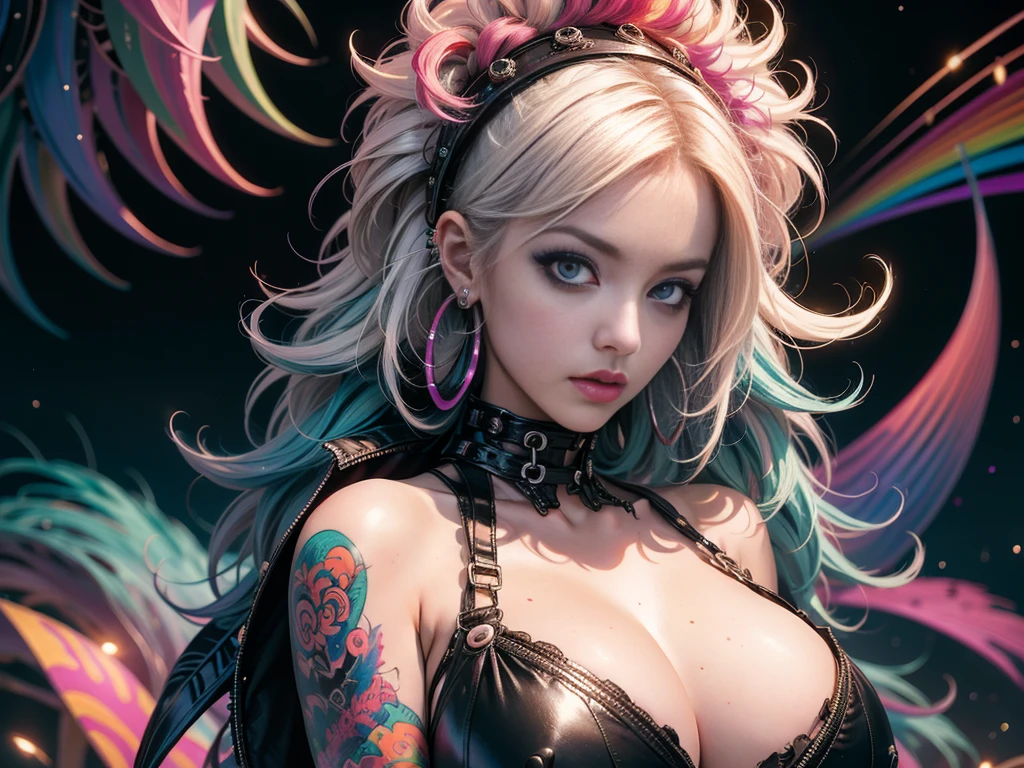 (masterpiece, top quality, best quality, official art, beautiful, cosmic, atmospheric, psychedelic, dreamlike and aesthetic, swirling psychedelic cosmic graffiti patterns:1.2), (1girl), extreme detailed,(fractal art:1.3),colorful,highest detailed, "(Best Quality, 8K, 32K, masutepiece:1.3), Ultra-detailed, (Photorealistic:1.4), pink and white colors, perfect color scheme, albino, Punk rock Girl, Detailed moonlight eyes, full body portrait, Luxurious neon white punk hair, Edgy Harajuku-inspired punk rock fashion, super huge enormously gigantic tits, cleavage showing, Avant-garde makeup, Numerous piercings, Heavily tattooed body, swirling psychedelic cosmic dreamlike graffiti pattern background