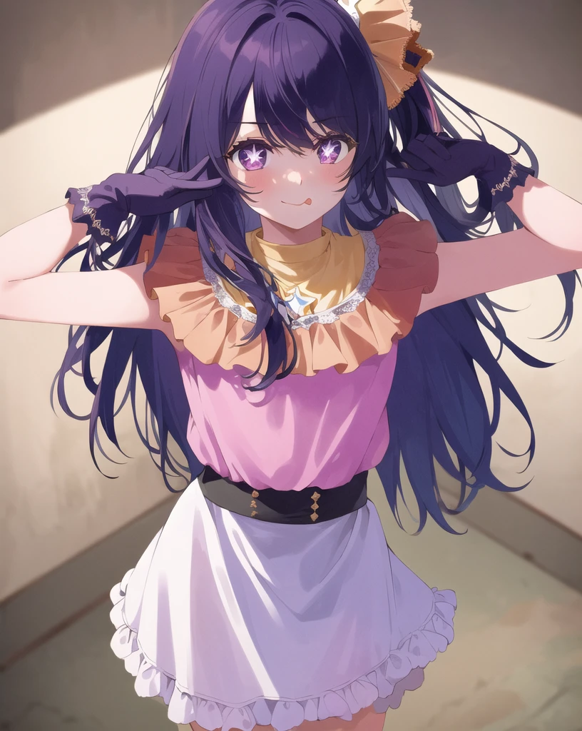 1girl, full body, cowboy shot,
(Rembrandt), illustration, (masterpiece), (best quality), (ultra_detailed), finely detail, (Depth of field),
HshinoAi,gloves, tongue out, tongue, long hair, star \(symbol\), looking at viewer, (purple hair:1.2), purple eyes, upper body, hair ornament, :p, frills, pink shirt, smile, sleeveless, shirt, idol, symbol-shaped pupils, hands up, bangs, one side up, star-shaped pupils, arms up,
dress pull,
Roaring Twenties, isometric, from above, sky, flower, cliff,