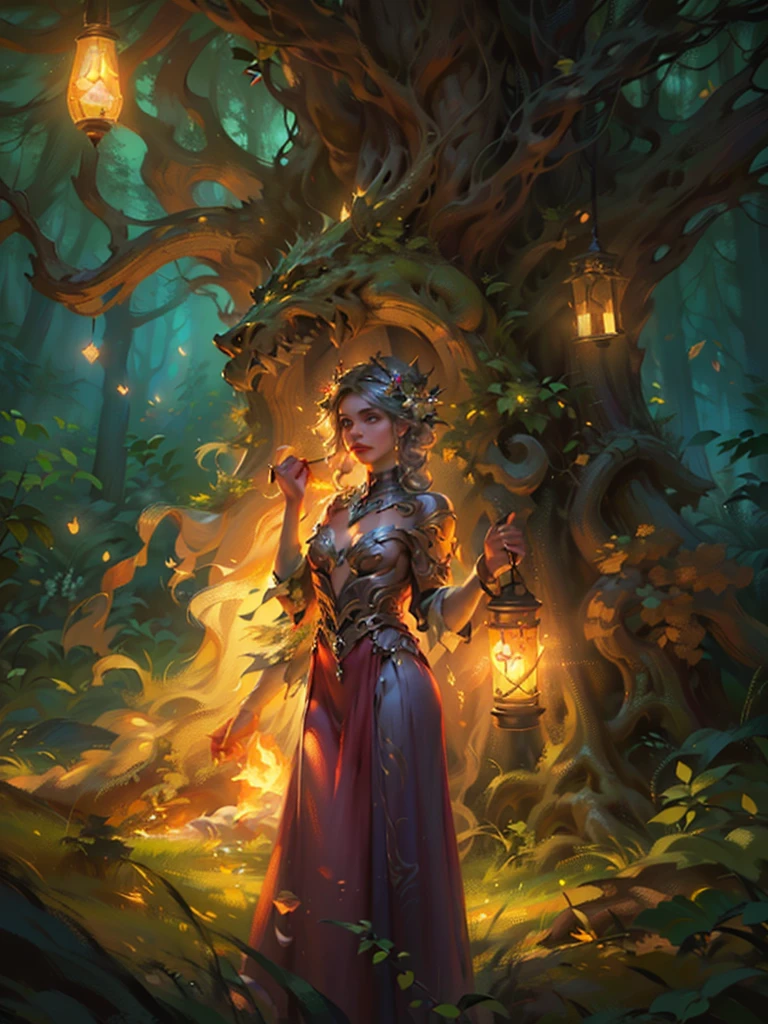 A girl in a forest with a lantern, beautiful detailed eyes, beautiful detailed lips, extremely detailed eyes and face, long eyelashes, fantasy forest, dark forest, dramatic lighting, moody atmosphere, pagan ritual, fire magic, glowing fire, fairy priestess, nature goddess, goddess of the forest, forest spirit, druid goddess, dryad, (best quality,4k,8k,highres,masterpiece:1.2),ultra-detailed,(realistic,photorealistic,photo-realistic:1.37),cinematic lighting,dramatic shadows,vibrant colors,volumetric lighting,intricate details,lush foliage,twisted tree branches,mystical atmosphere,fantasy art,digital painting