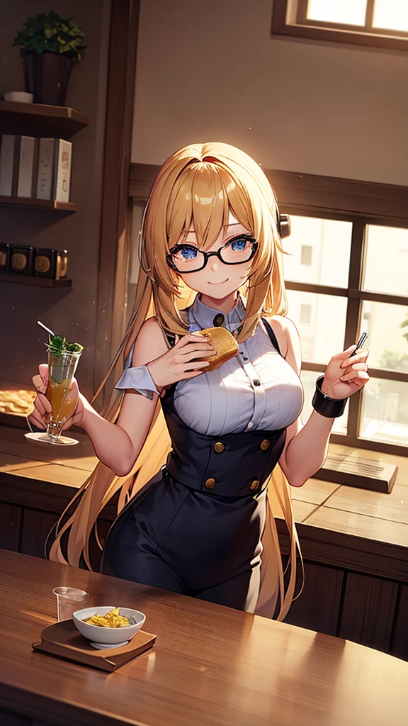 Solo, 1 girl, An anime-style woman with long blonde hair and glasses is enjoying a meal at a restaurant. She is holding a small cup of tea and smiling. The table in front of her has a large bowl of ramen with vegetables and meatballs, along with two tall drinks, one with a straw and ice cubes and another with a slice of lemon. The background features large windows with sunlight streaming in and a cozy, modern interior.