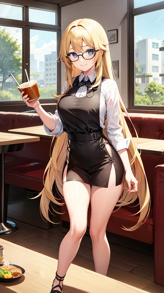 Solo, 1 girl, An anime-style woman with long blonde hair and glasses is enjoying a meal at a restaurant. She is holding a small cup of tea and smiling. The table in front of her has a large bowl of ramen with vegetables and meatballs, along with two tall drinks, one with a straw and ice cubes and another with a slice of lemon. The background features large windows with sunlight streaming in and a cozy, modern interior.