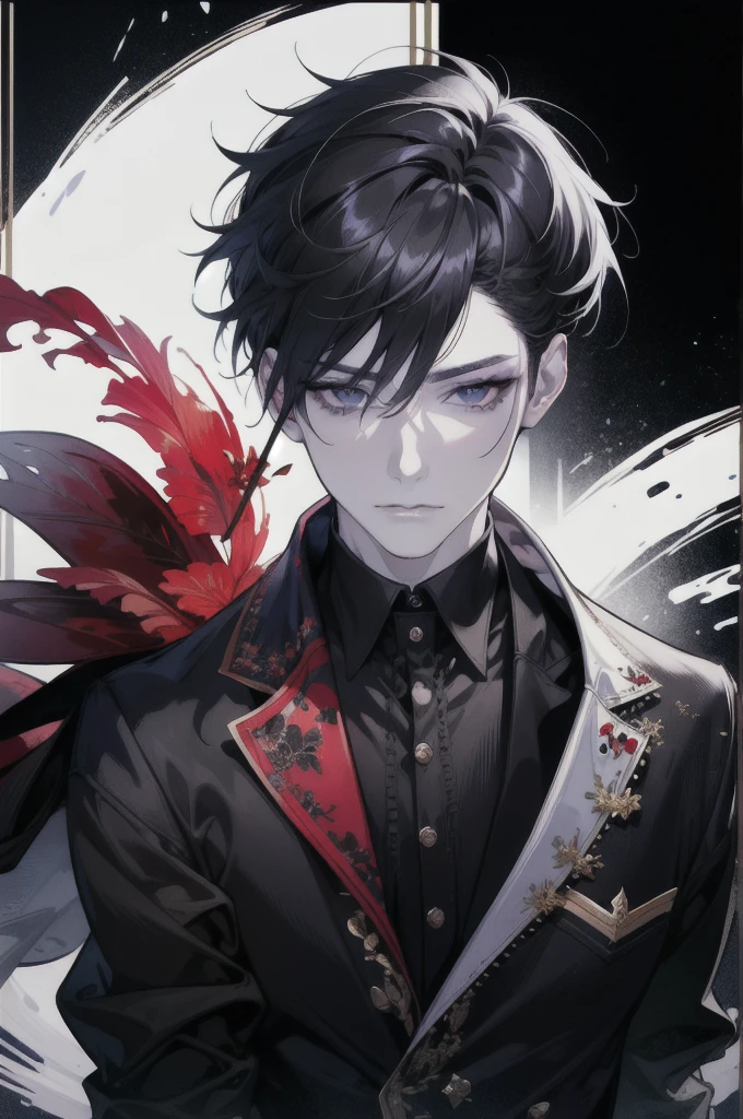 4k, masterpiece, best quality, hugh resolution, detailed, 1 male, adult, vampire, sharp eyes, pale skin, korean makeup, one eye is black and one eye is white, multicolored hair, black and white hair, wolf cut, black solid background