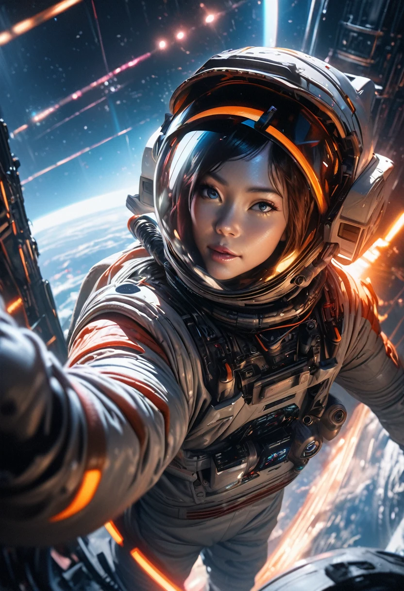 a futuristic astronaut, intricate spacesuit with advanced technology, visor reflecting the vastness of space, floating in zero gravity, serene expression, exploring the mysteries of the cosmos, cinematic lighting, striking colors, hyper-realistic, (best quality,4k,8k,highres,masterpiece:1.2),ultra-detailed,(realistic,photorealistic,photo-realistic:1.37),cinematic angle,dramatic atmosphere,stunning details