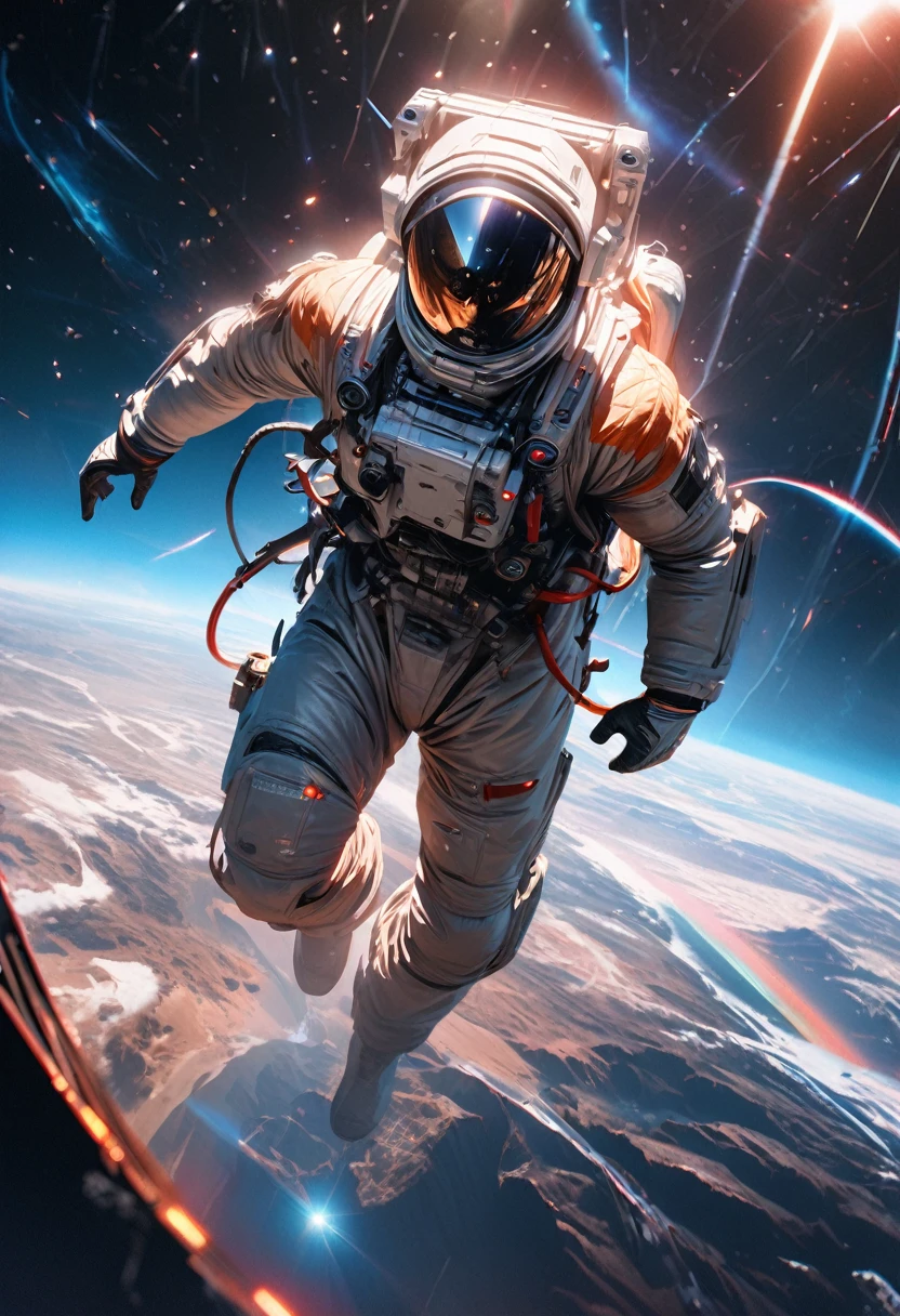 a futuristic astronaut, intricate spacesuit with advanced technology, visor reflecting the vastness of space, floating in zero gravity, serene expression, exploring the mysteries of the cosmos, cinematic lighting, striking colors, hyper-realistic, (best quality,4k,8k,highres,masterpiece:1.2),ultra-detailed,(realistic,photorealistic,photo-realistic:1.37),cinematic angle,dramatic atmosphere,stunning details