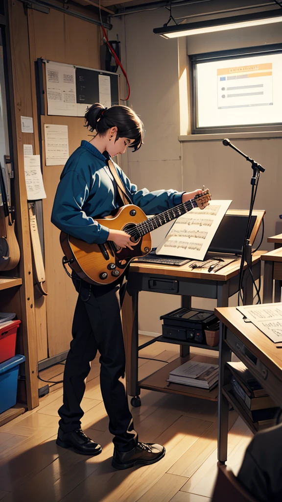 Person in a workshop learning new skills, how to play an instrument or program, and presenting a project to the class. Learning and growth environment. texto: &#39;Personal and Professional Development!'