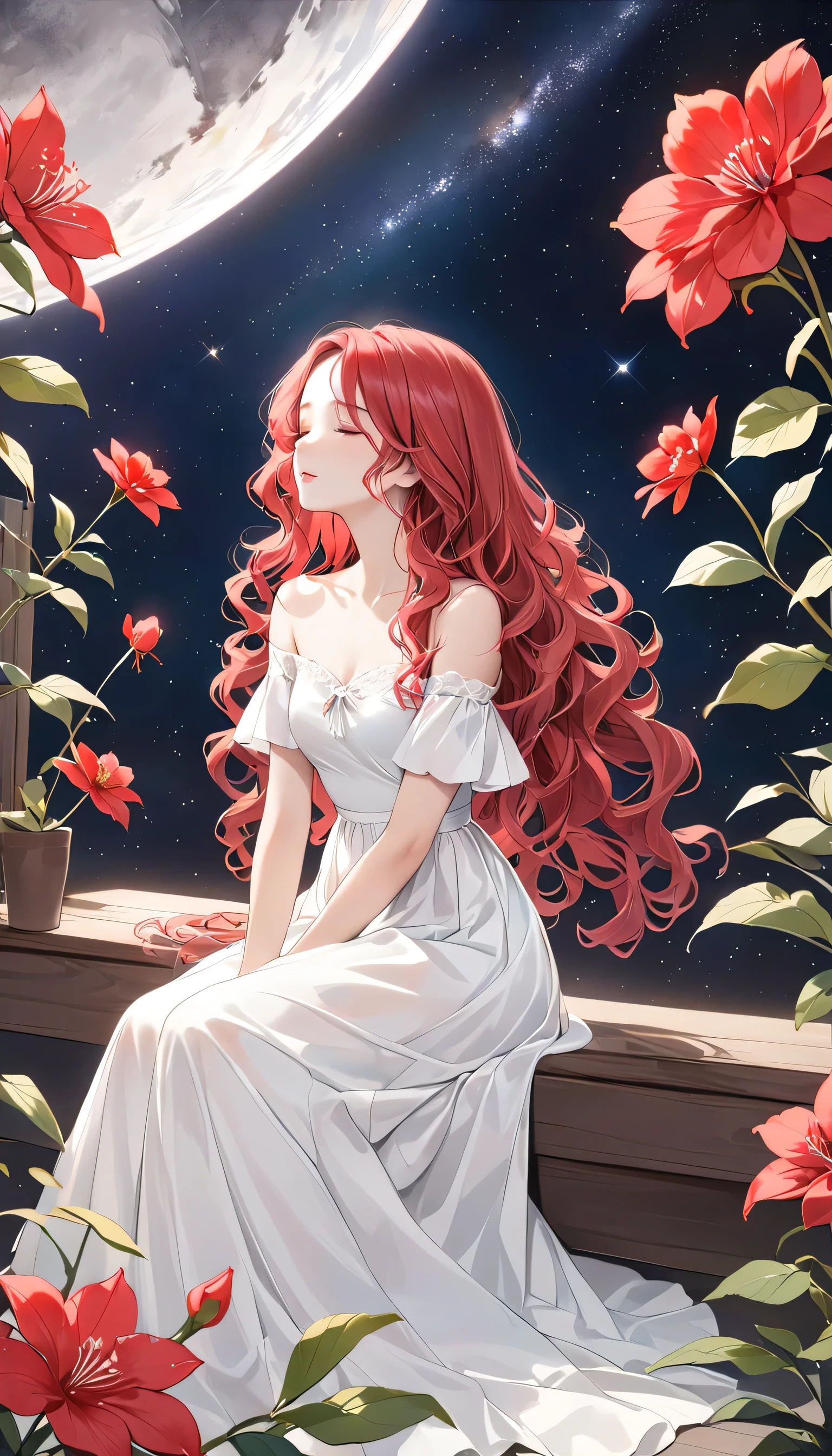 top quality、masterpiece、Grey and red harmonious art、grey、Ideal Anatomy、Girl closes her eyes、Cute、14 years、profile、black off-the-shoulder dress、Seated Girl、The art of wabi-sabi、grey、red、white、Perfect artistic harmony、fantasy、vermilion flower、grey leaves、Humble flower、Simple configuration、The background is a white wall、Red Flower、grey leaves、space、(Red hair, Wavy hair: 1.5)