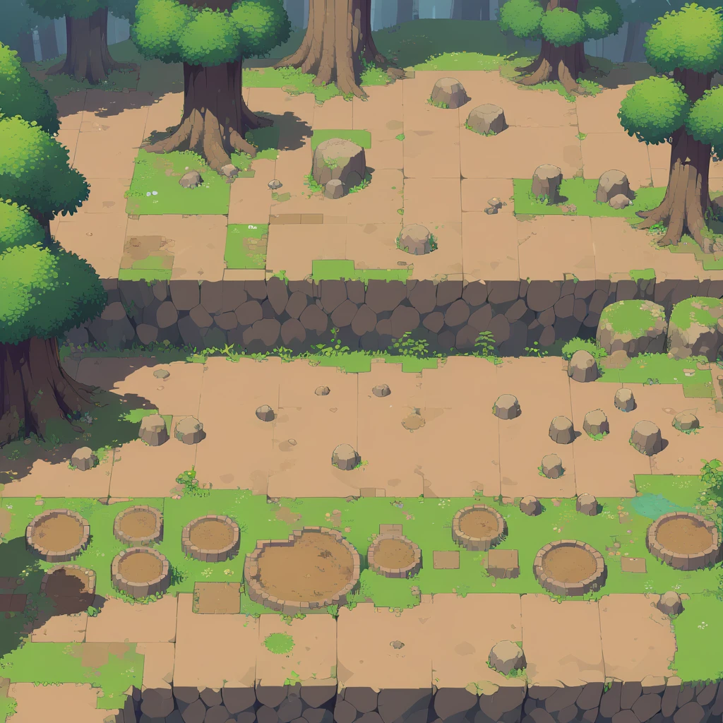 retro video game style,pixelated pastel colors,8-bit characters,blocky shapes,sharp lines,detailed shading,classic gaming vibe,nostalgic atmosphere,classic arcade games,masterpiece:1.2,ultra-detailed,illustration style, 2d texture, stone texture, 4 k seamless mud texture, video game texture, dirt texture, tileset, game tiles, grass, 3/4th perspective trees, tileable cliff formations, tileable cliff texture, 3/4th perspective forest, topdown view, game texture, game art, dirt, , tileable texture, top down view, 3/4th perspective