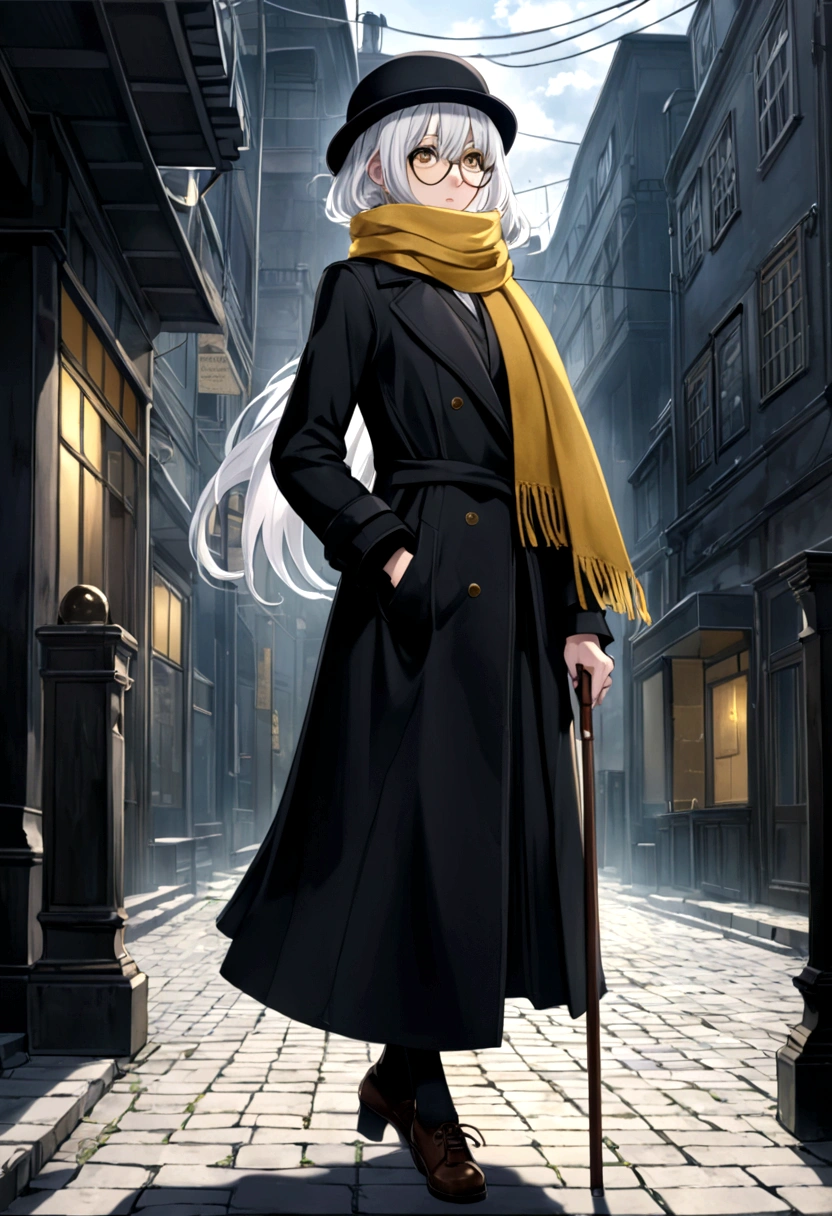 Cold expression anime girl with white hair wearing a black overcoat,yellow scarf tied in a reverse drape,bowler hat and wearing a round glasses while holding a cane