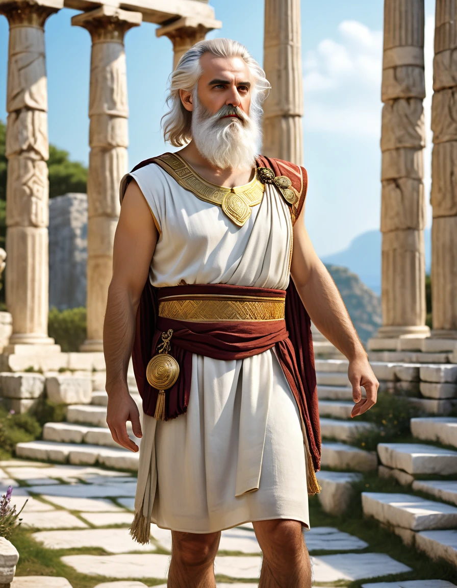 (best quality,4k,8k,highres,masterpiece:1.2),ultra-detailed,(realistic,photorealistic,photo-realistic:1.37), dnd character art, a bard with white hair and beard, dressed like an Ancient Greek philosopher, Greek tunic with gold embroidery, Greek toga, standing before a Greek temple, skinny, small and slim, hairy, Greek mythology, bright colors