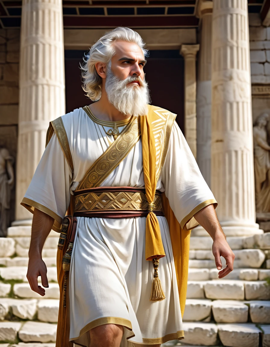 (best quality,4k,8k,highres,masterpiece:1.2),ultra-detailed,(realistic,photorealistic,photo-realistic:1.37), dnd character art, a bard with white hair and beard, dressed like an Ancient Greek philosopher, Greek tunic with gold embroidery, Greek toga, standing before a Greek temple, skinny, small and slim, hairy, Greek mythology, bright colors