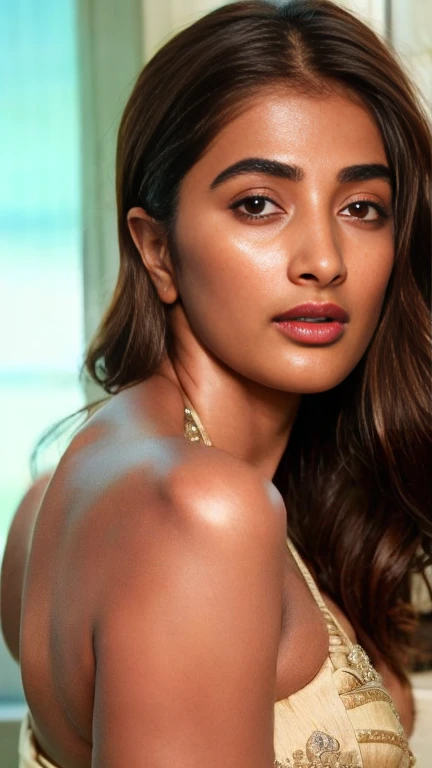 No make up, cool temperature,extreme close up photo of semi naked Pooja hegde,slim, bikini, bedroom, intricate details, cold room, lean eyebrow, pooja hegde,pooja1,