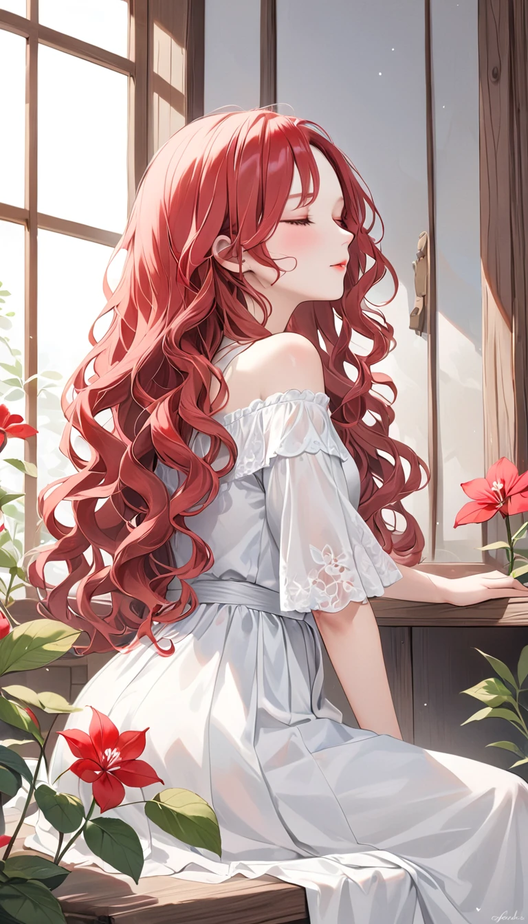 top quality、masterpiece、greyとredの調和アート、grey、Ideal Anatomy、Girl closes her eyes、Cute、s、profile、black off-the-shoulder dress、Seated Girl、The art of wabi-sabi、grey、red、white、Perfect artistic harmony、fantasy、vermilion flower、greyの葉、Humble 、Simple configuration、背景はwhiteい壁です、redい花、greyの葉、(Red hair, Wavy hair: 1.5)