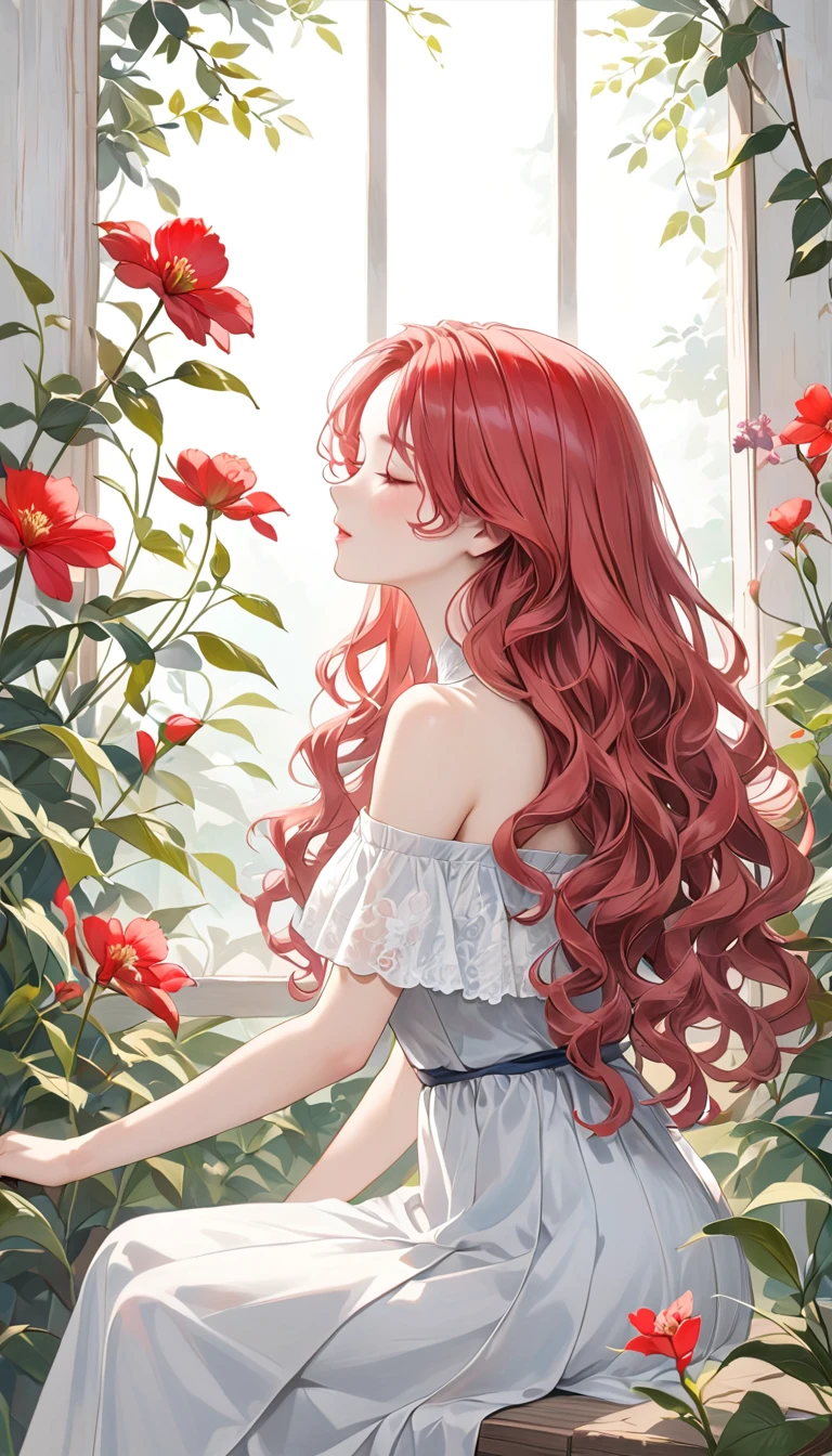 top quality、masterpiece、greyとredの調和アート、grey、Ideal Anatomy、Girl closes her eyes、Cute、14 years、profile、black off-the-shoulder dress、Seated Girl、The art of wabi-sabi、grey、red、white、Perfect artistic harmony、fantasy、vermilion flower、greyの葉、Humble flower、Simple configuration、背景はwhiteい壁です、redい花、greyの葉、(Red hair, Wavy hair: 1.5)