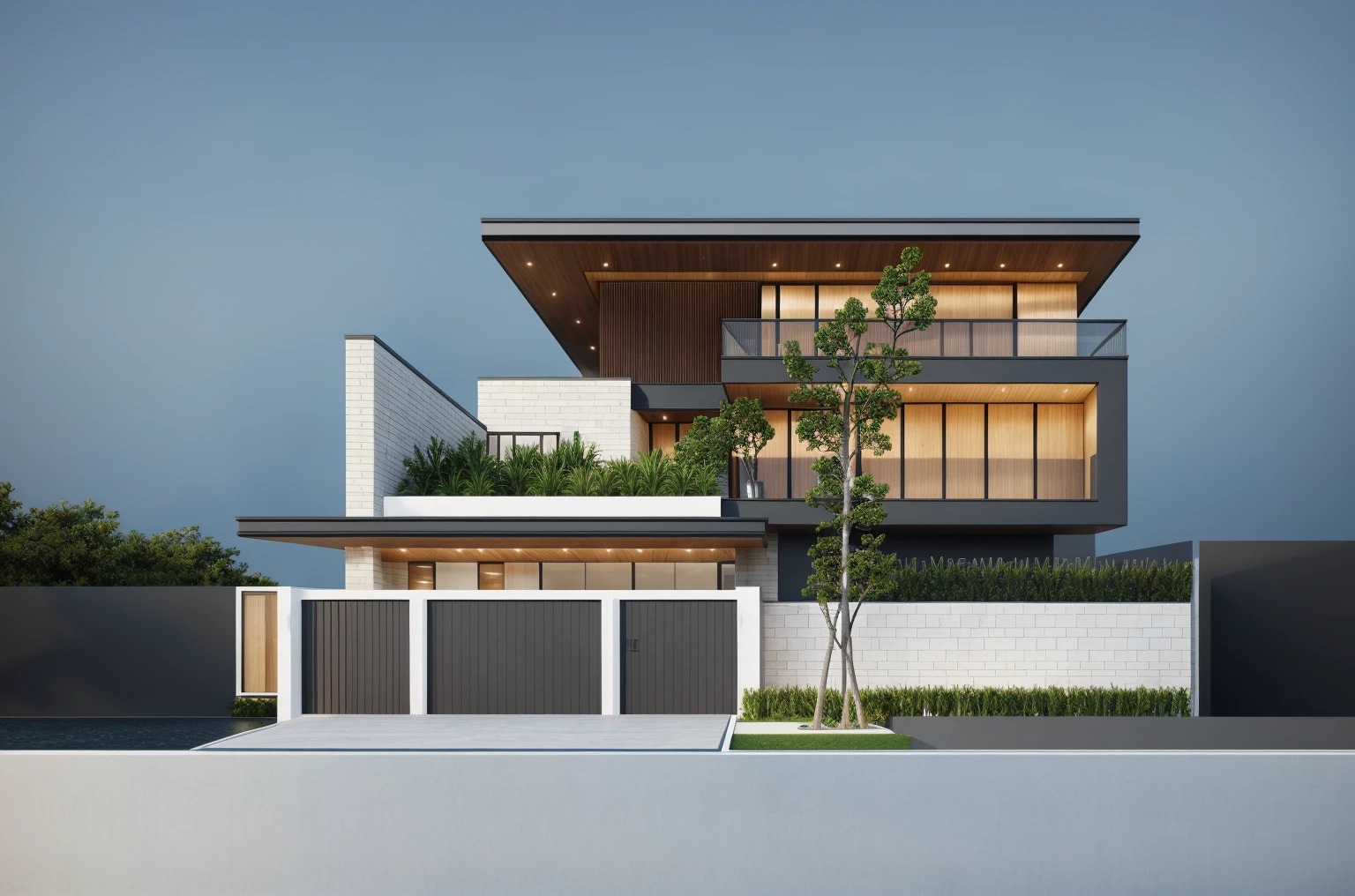 PLATFORM KTHOUSE, 1 morden villa, slope roof, main material of villa about build color wall:1.2 glass panel:1.1 and stone:1.2, 1large yard, 1 road runs in front of the house, (RAW photo, real, best quality, masterpiece:1.2), look morden minimalist, 1 road in front of the house, dynamic lighting:1.3, (hyper realistic, photo-realistic:1.2), high quality, (dark lighting:1.2), perfect lighting, archdaily, no human, light at 12 noon, light in door:1.2
