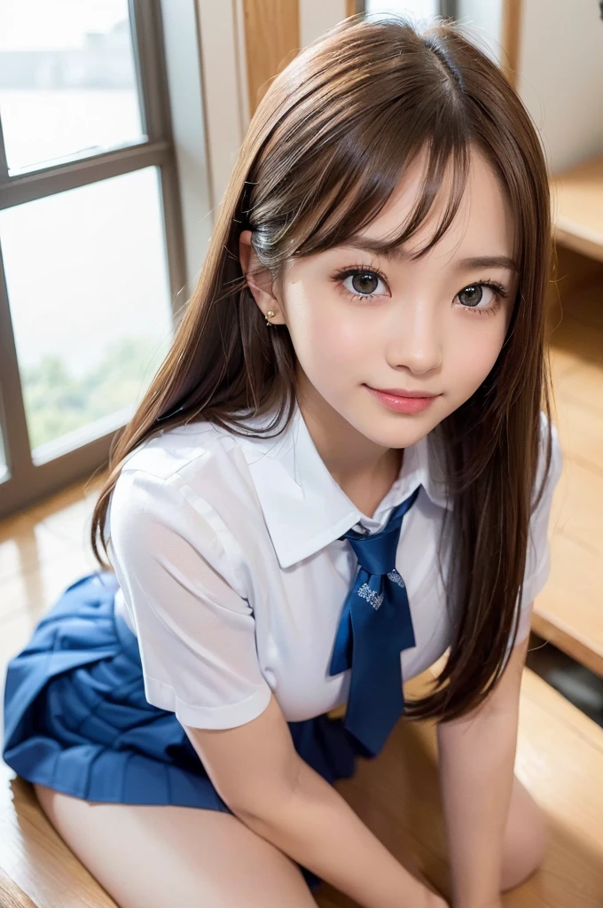 ((highest quality, 8K, masterpece :1.4,アニメ)), highest real,Sharpness:1.3, Perfect Body Beauty:1.4,super detailed face and skin texture,((Super Real,best quality)),(soft lighting),super detailed face, fine eyes, double eyelid,(ass pov),(((1 girl))),((make eye contact with the audience)),((Composition from the above:1.2)),fine detail,highly detailed face and eyes, (cute face:1.6), ((NSFW:1.5)), my sister,18years old,(huge breasts :1.8,beautiful areola,small areola),(Glowing skin),---//background//---(Inside the In school, in the classroom, bright room, large windows, sunlight shines in)---//Hairstyle//---(Beautiful BROWN hair:1.2,CUTE HAIR STYLE:1.2)---//expression//---(SMILE FACE:1.4)---//Pause//---(sitting,leaning forward,hands on breasts),((close up face:1.4,upper body:1.4))---//clothing//---((school uniform:1.4,sailor suit:1.4,BLUE RIBBON TIE:1.4,BLUE SKIRT:1.2,WHITE SHIRTS:1.2)),